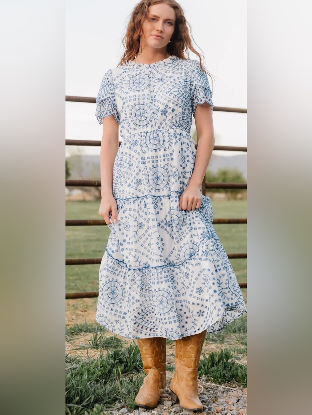 Baltic Born Mirabel Eyelet Midi Dress in White + Blue